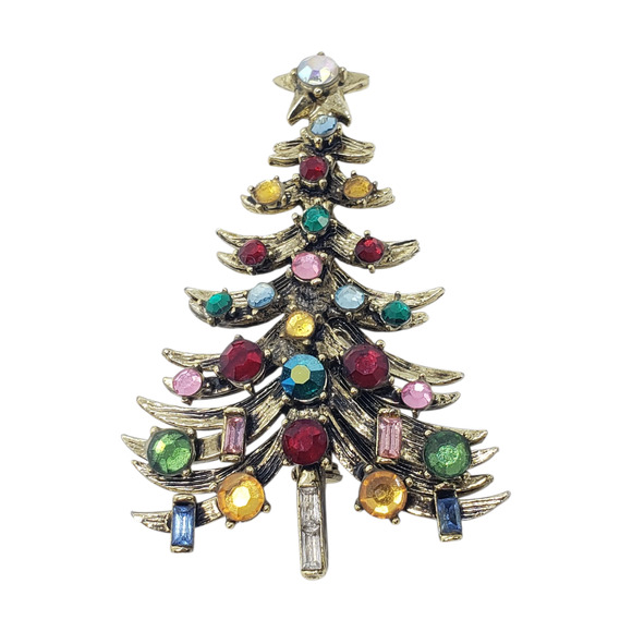 Vintage Hollycraft Christmas Tree Brooch Multicolor Rhinestone Gold Tone 3D - Picture 1 of 11